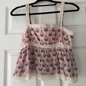 Free People Pink Floral Lace-Trim Peplum Tank